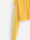 Contrast Checked Sleeve Crop Hoodie