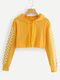 Contrast Checked Sleeve Crop Hoodie