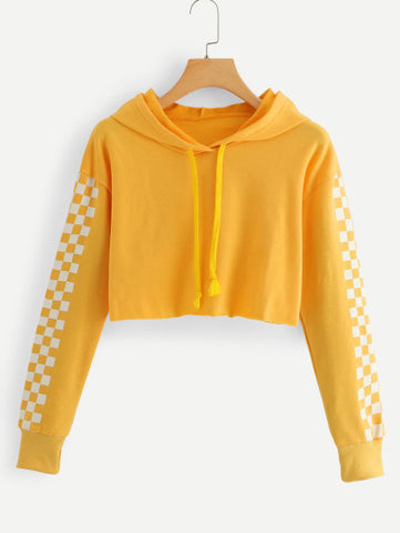 Contrast Checked Sleeve Crop Hoodie