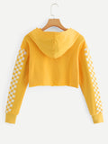Contrast Checked Sleeve Crop Hoodie