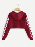 Contrast Checked Sleeve Crop Hoodie
