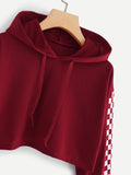 Contrast Checked Sleeve Crop Hoodie