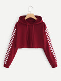 Contrast Checked Sleeve Crop Hoodie