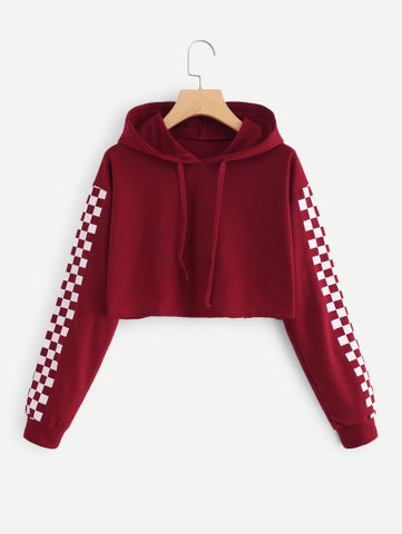 Contrast Checked Sleeve Crop Hoodie