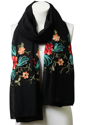 Black Floral Print Lightweight Boho Scarf