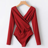 Long Sleeve V-Neck Backless Bodysuit