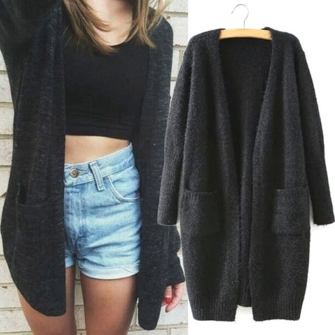 Black Long Sleeve Knitted Cardigan with Pockets