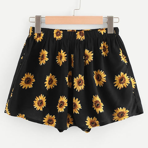 Sunflower Print High Waisted Shorts