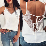 Summer Women Satin Silk Lace Tank Tops Vest Blouse Female Casual Crop Camisole Top Sexy Lace Solid Backless Vest