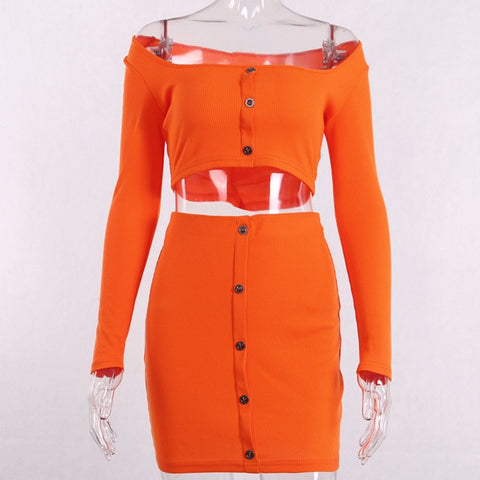 Orange Long-sleeve Buttoned Crop Top & Buttoned Pencil Skirt