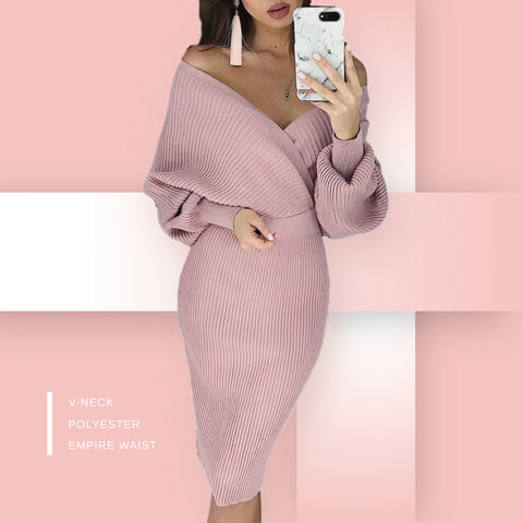 Women's V-Neck Knit Sweater Dress